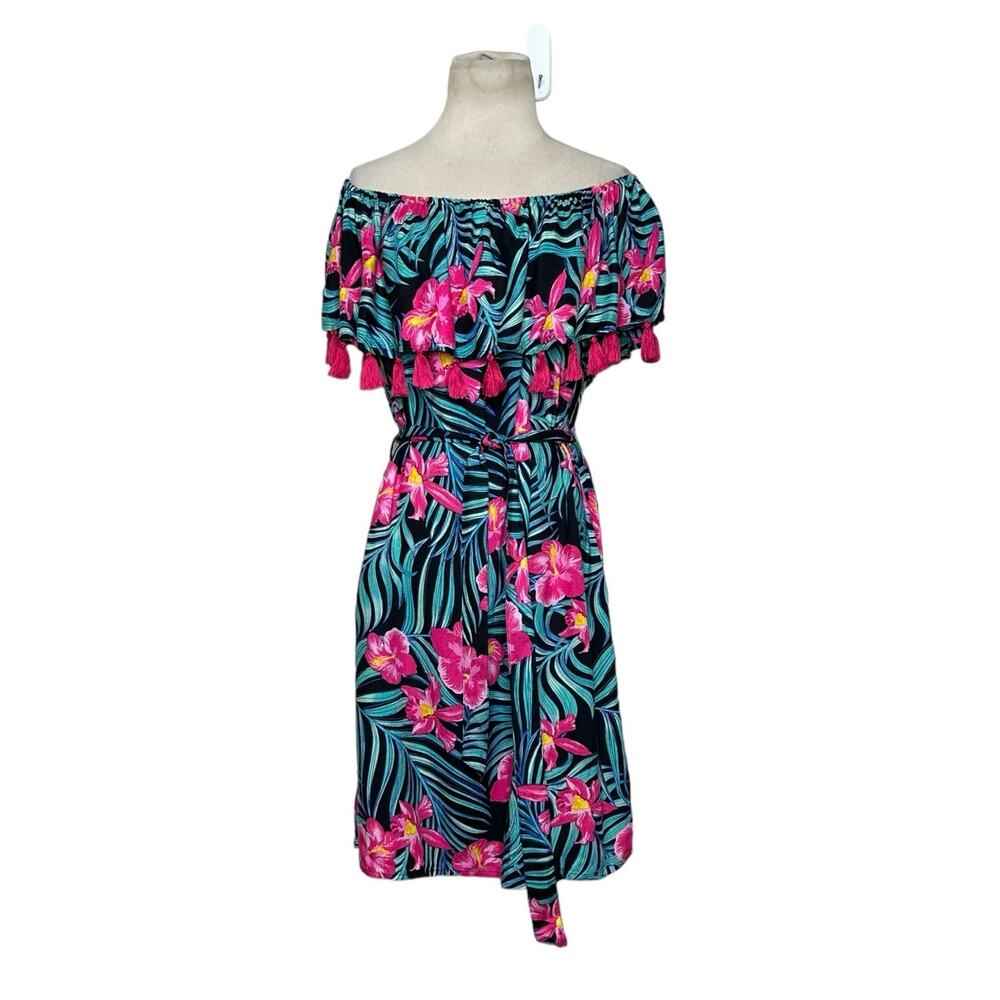 Charlie Paige green pink Tropical off shoulder fiesta dress size Large